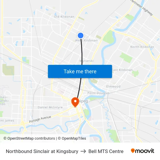 Northbound Sinclair at Kingsbury to Bell MTS Centre map