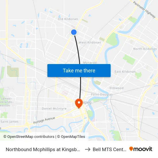 Northbound Mcphillips at Kingsbury to Bell MTS Centre map
