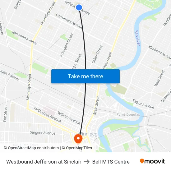 Westbound Jefferson at Sinclair to Bell MTS Centre map