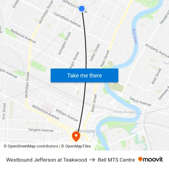 Westbound Jefferson at Teakwood to Bell MTS Centre map
