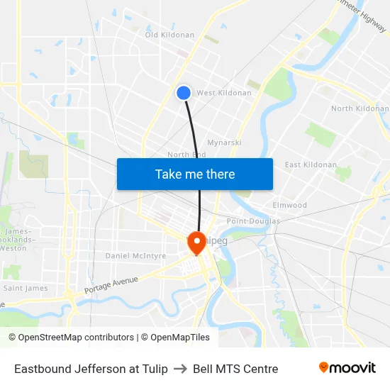 Eastbound Jefferson at Tulip to Bell MTS Centre map