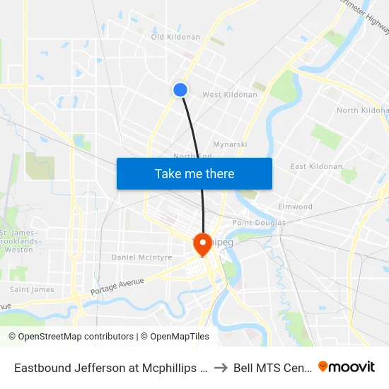 Eastbound Jefferson at Mcphillips East to Bell MTS Centre map