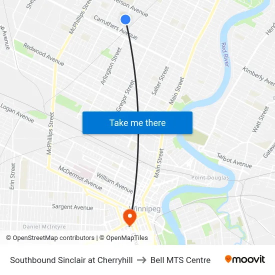 Southbound Sinclair at Cherryhill to Bell MTS Centre map
