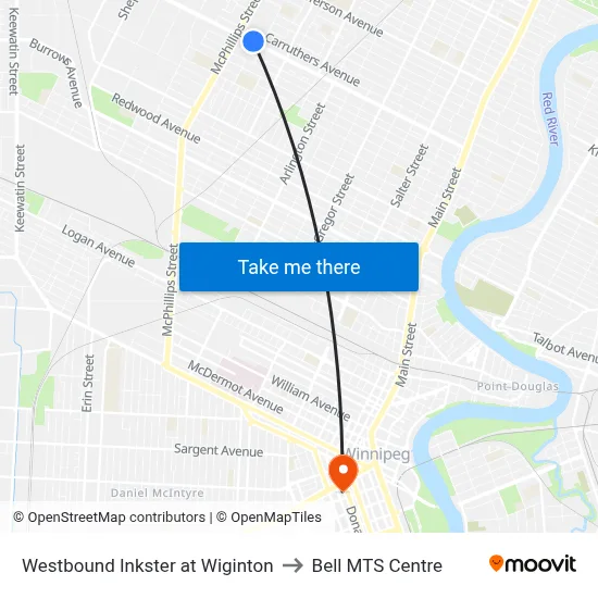 Westbound Inkster at Wiginton to Bell MTS Centre map