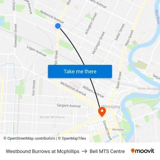Westbound Burrows at Mcphillips to Bell MTS Centre map
