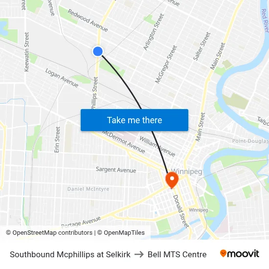 Southbound Mcphillips at Selkirk to Bell MTS Centre map