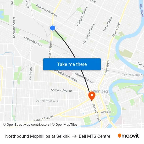 Northbound Mcphillips at Selkirk to Bell MTS Centre map