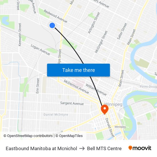 Eastbound Manitoba at Mcnichol to Bell MTS Centre map