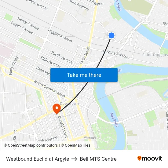 Westbound Euclid at Argyle to Bell MTS Centre map