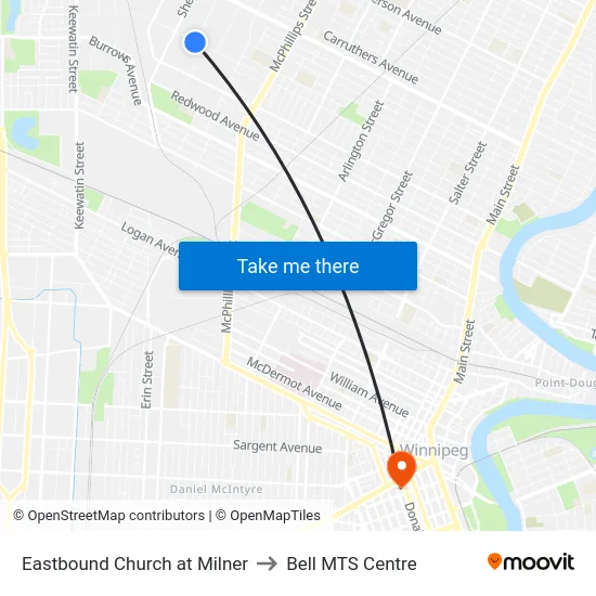 Eastbound Church at Milner to Bell MTS Centre map