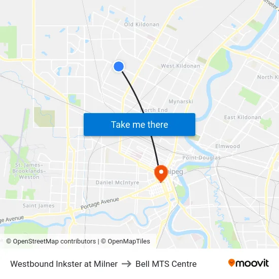 Westbound Inkster at Milner to Bell MTS Centre map
