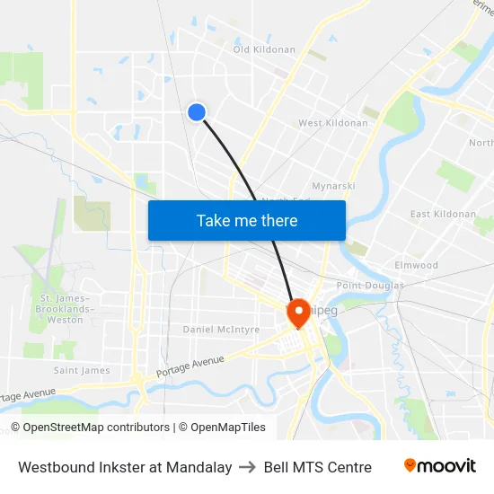 Westbound Inkster at Mandalay to Bell MTS Centre map