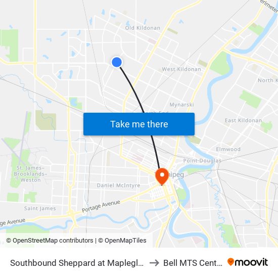 Southbound Sheppard at Mapleglen to Bell MTS Centre map