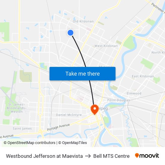 Westbound Jefferson at Maevista to Bell MTS Centre map