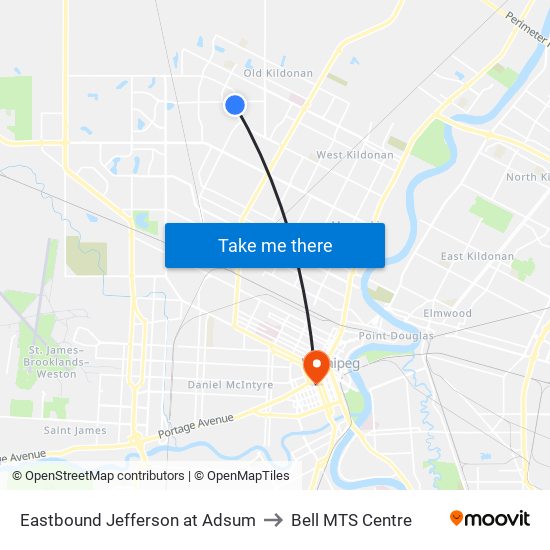 Eastbound Jefferson at Adsum to Bell MTS Centre map