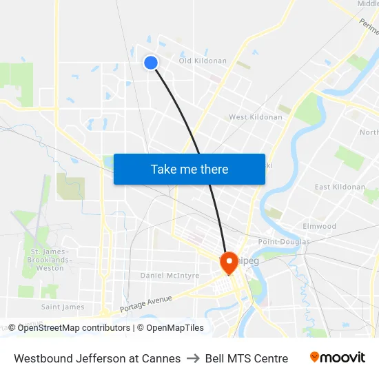 Westbound Jefferson at Cannes to Bell MTS Centre map