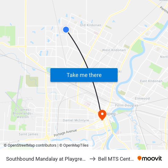 Southbound Mandalay at Playgreen to Bell MTS Centre map