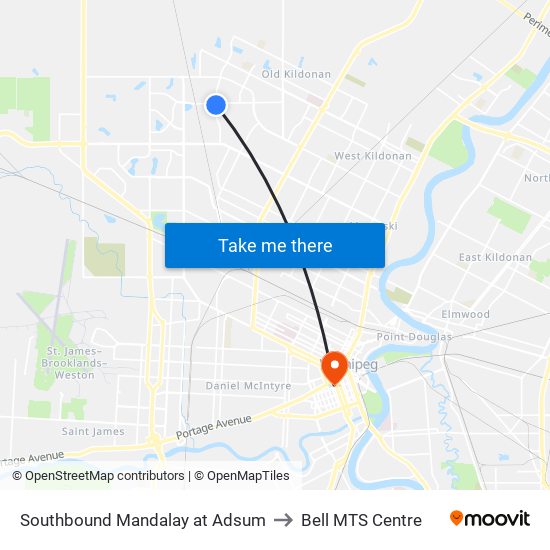 Southbound Mandalay at Adsum to Bell MTS Centre map