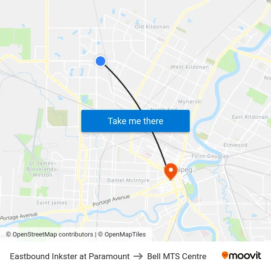 Eastbound Inkster at Paramount to Bell MTS Centre map