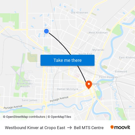 Westbound Kinver at Cropo East to Bell MTS Centre map