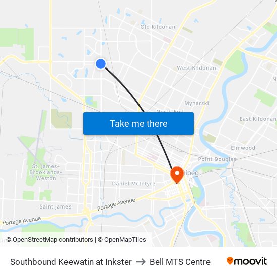 Southbound Keewatin at Inkster to Bell MTS Centre map