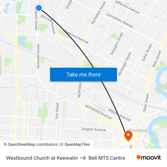 Westbound Church at Keewatin to Bell MTS Centre map