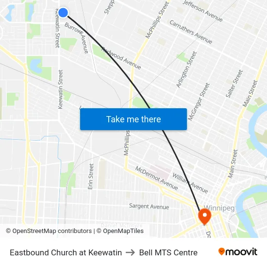 Eastbound Church at Keewatin to Bell MTS Centre map
