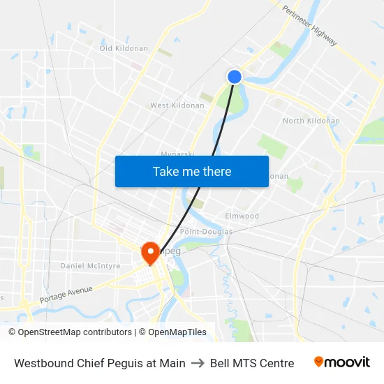 Westbound Chief Peguis at Main to Bell MTS Centre map