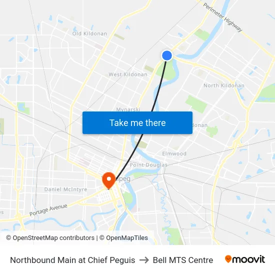 Northbound Main at Chief Peguis to Bell MTS Centre map