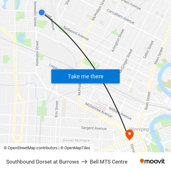 Southbound Dorset at Burrows to Bell MTS Centre map