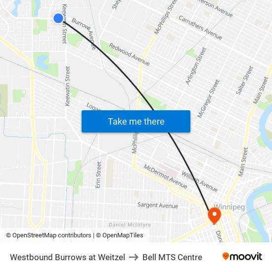 Westbound Burrows at Weitzel to Bell MTS Centre map