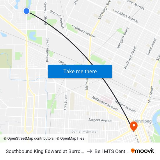 Southbound King Edward at Burrows to Bell MTS Centre map