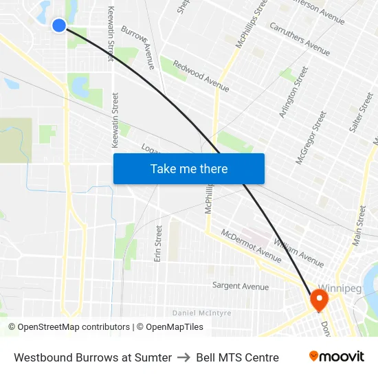 Westbound Burrows at Sumter to Bell MTS Centre map