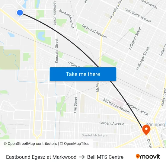 Eastbound Egesz at Markwood to Bell MTS Centre map