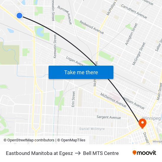 Eastbound Manitoba at Egesz to Bell MTS Centre map