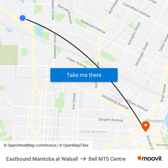 Eastbound Manitoba at Walsall to Bell MTS Centre map