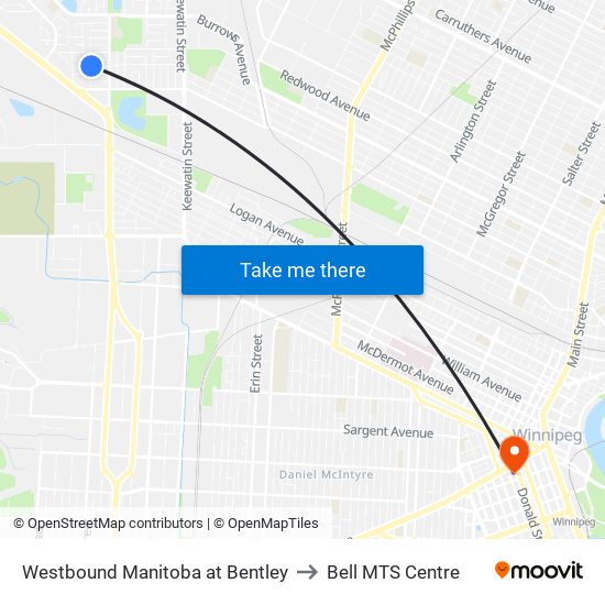 Westbound Manitoba at Bentley to Bell MTS Centre map