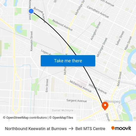 Northbound Keewatin at Burrows to Bell MTS Centre map