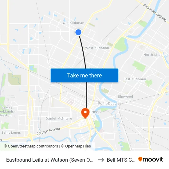 Eastbound Leila at Watson (Seven Oaks Hospital) to Bell MTS Centre map