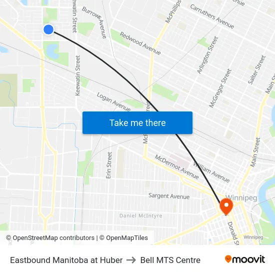 Eastbound Manitoba at Huber to Bell MTS Centre map
