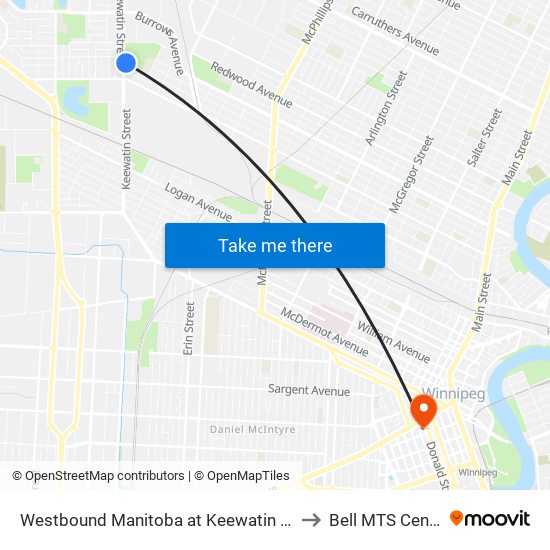 Westbound Manitoba at Keewatin East to Bell MTS Centre map