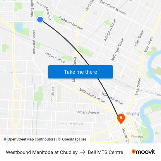 Westbound Manitoba at Chudley to Bell MTS Centre map