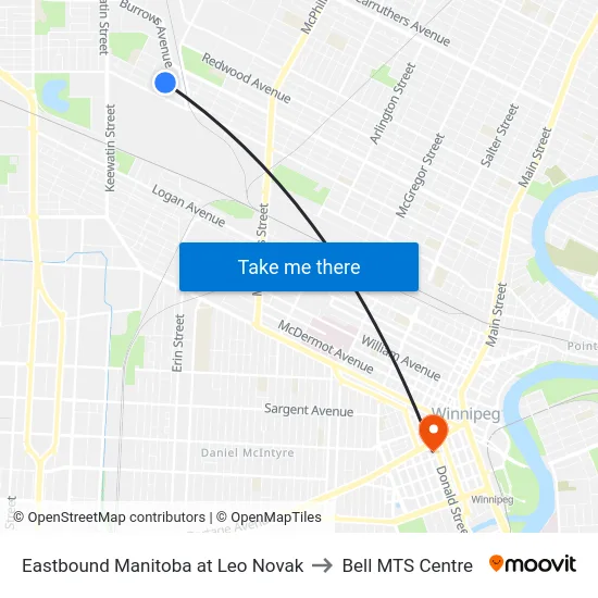 Eastbound Manitoba at Leo Novak to Bell MTS Centre map