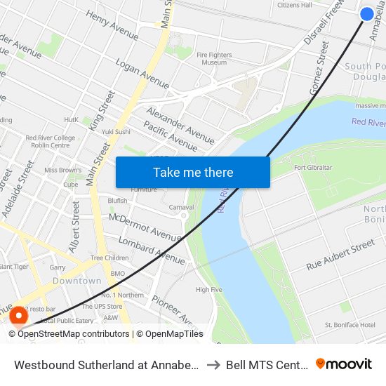 Westbound Sutherland at Annabella to Bell MTS Centre map