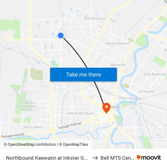 Northbound Keewatin at Inkster Garden to Bell MTS Centre map