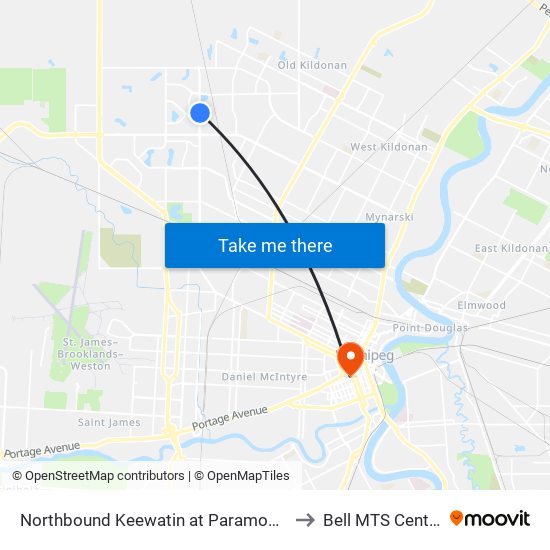 Northbound Keewatin at Paramount to Bell MTS Centre map