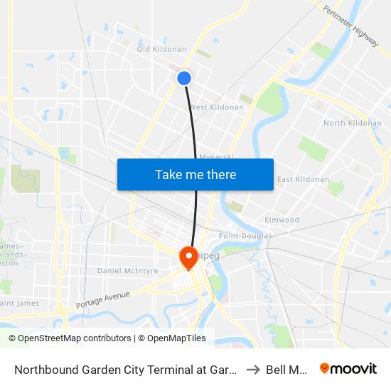 Northbound Garden City Terminal at Garden City Centre (77 Kildonan Place) to Bell MTS Centre map