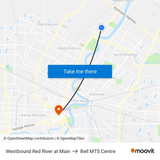 Westbound Red River at Main to Bell MTS Centre map