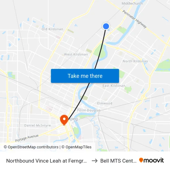 Northbound Vince Leah at Ferngrove to Bell MTS Centre map
