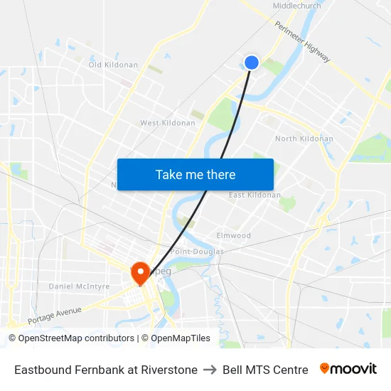 Eastbound Fernbank at Riverstone to Bell MTS Centre map